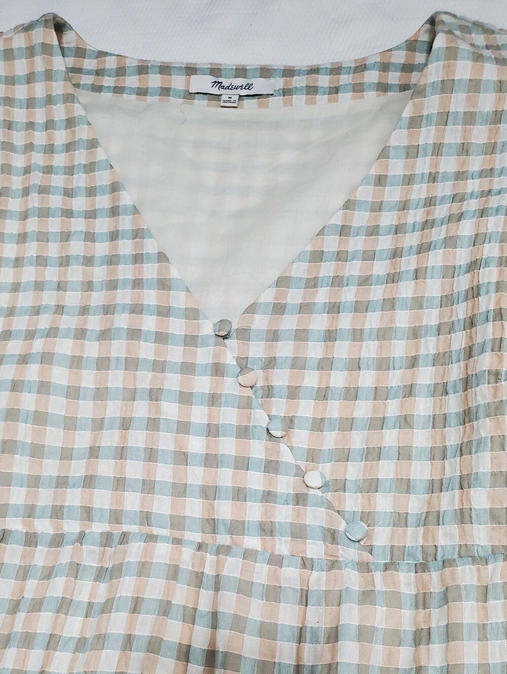 Madewell Gingham Seersucker Tiered Midi Dress Ruffle Sleeve Medium - Picture 9 of 15